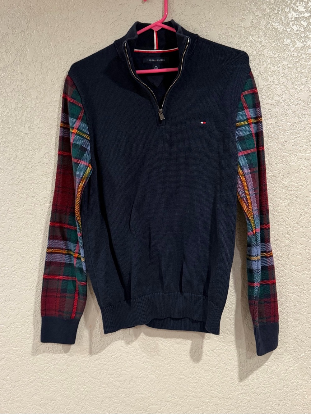 Tommy Hilfiger Navy Quarter-Zip Sweater with Plaid Sleeve Accents